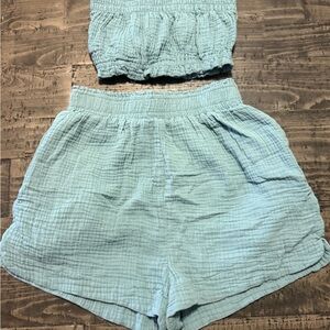 Women’s Blue Two Piece Set, Shorts + Strapless Crop Top